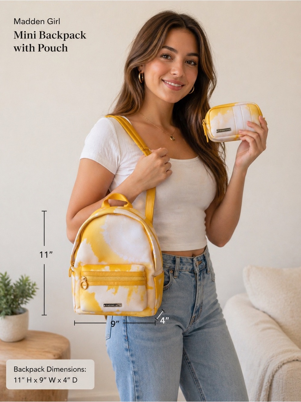 Madden Neoprene Girl Yellow & White Tie-Dye Mini Crossbody Backpack with Pouch